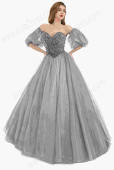 Gray Strapless Ball Gown Prom Evening Dress with Detached Sleeves EN5801